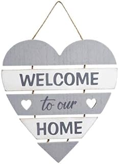Transomnia “ Welcome To Our Home” - Grey and White Slatted Hanging Sign Plaque - Family Motto Quote Gift Idea