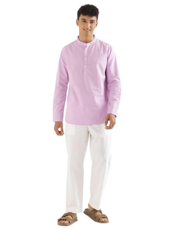 Image of SAADAA Men's Short Kurta - Linen Cotton Blend, Airy Fabric, Regular Fit, Mandarin Collar, Solid Color - Casual, Festive & Ethnic Wear