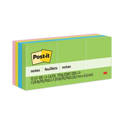 Post-it: self-stick notes, 1 – 1/2 x 2, Five ultra Colors, 12 100-sheet Pads per Pack – :-Sold AS 2 Packs of – 12 – / – Total of 24 each