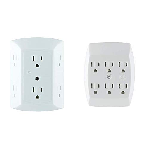 GE 6 Outlet Wall Plug Adapter Power Strip, Extra Wide Spaced Outlets for Cell Phone Charger, Power Adapter, 3 Prong & 6 Outlet Adapter, 3 Prong Outlets, Grounded, Wall Charger, Charging Station