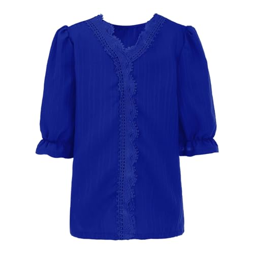 Girls Puff Short Sleeve Shirts Plain Knit Ribbed Embroidery V Neck Shirts Tops Teen Kids Summer Cute Lace Elegant Tops2