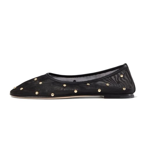 Mesh Ballet Flats for Women Stylish Studded Comfortable Pull-on Elegant Breathable Shoes