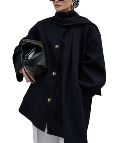 Image of CHARTOU Women Single Breasted Wool Coat Jacket Fall Winter Oversized Pea Coat Trench Overcoat with Scarf(Medium,Black)