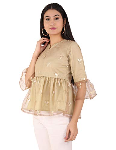 Image of UNFAKENOW Women Trendy Indo Western Casual wear Stylish Going Out Peplum Cotton top Ladies Floral Print Ruffled Plus Size Party net Tunic Long Bell Sleeve Pleated Fancy Nice top