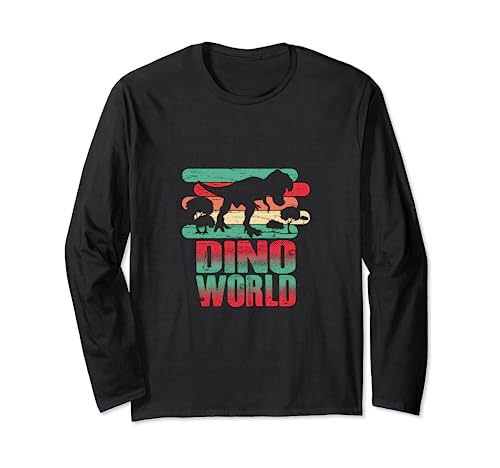 T-Rex Dinosauro Rosso Verde Retro Tramonto Dino World Maglia a Manica