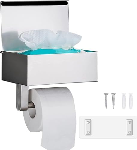 Porte Papier Toilette Mural, GUIGUZI Porte Papier Toilette sans Perçage avec Étagères et Boîte à Lingettes Humides, Argent Porte Rouleau Papier Toilette Auto-adhésif pour Toilettes et Cuisines