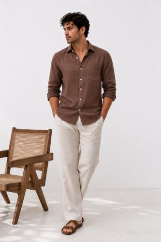 Men's White Linen Shirt, Long Sleeve Button-Down with Coffee Brown - Image 4