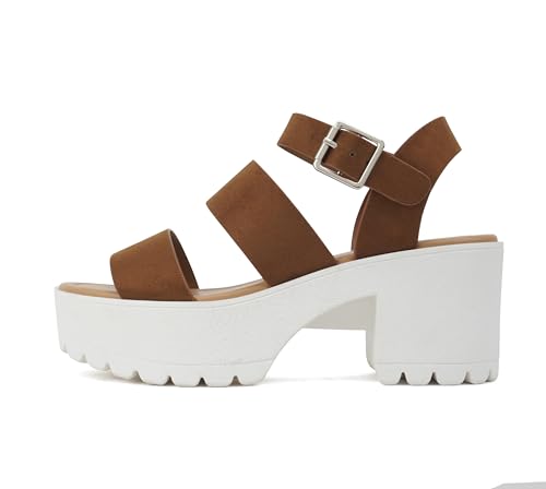 Image of Soda ACCOUNT ~ Women Open Toe Two Bands Lug sole Fashion Block Heel Sandals with Adjustable Ankle Strap
