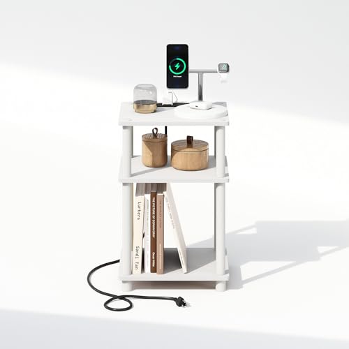 Image of Furinno JUST Night Stand, 3-Tier Turn-N-Tube Nightstand with Charging Station, Bedside Table, End Table, Side Table with USB and Type-C Port, for Bedroom, Closet, Dorm, White