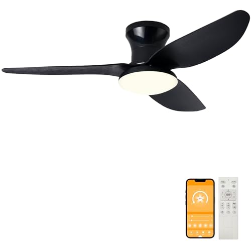 ACFBGFV 40" Modern Ceiling Fans with Lights Remote/APP Control, Low Profile Reversible Ceiling Fans Flush Mount 6 Speeds Ceiling fan Light for Patio Kitchen Bedroom, black