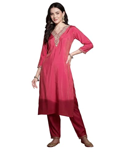 Image of INDO ERA Women's Silk Blend Embroidered Zari Work Straight Kurta & Pant Set | Cord Set For Women