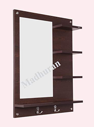 Image of Madhuran Blejaa Engineered Wood Wall Mounted Dressing Mirror with Storage Shelf | Rectangular Bathroom Wash Basin Vanity Mirror for Bedroom, Living Room & Makeup Area | 60 x 80 cm | Wenge