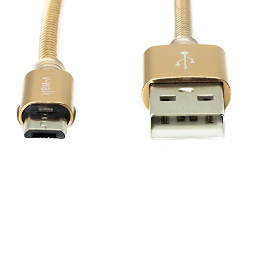 Image of V-Walk 1 Mtr Metal Micro Charging & USB Syncing Cable Data Cord - Compatible with Samsung, HTC, Motorola, Sony, Lenovo and Other Andriod Devices - Gold
