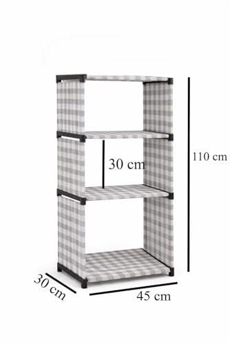 Image of 4-Tier Book Rack Bookshelf, Multi-Level Storage Organizer for Books, Magazines, Office Supplies, Space-Saving Design, Grey Check Pattern with Heavy Fabric Cover 4 layer rack