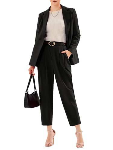 EXLURA Women's Business Blazer and High Elastic Waist Pant Suit Set Loose Fit Casual Fall Winter 2 Piece Suits for Work