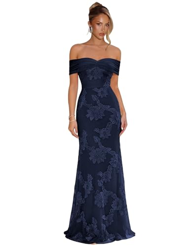 Zizwi Navy Blue Tulle Prom Dresses 2026 Off Shoulder Floral Mermaid Party Dress Size 4