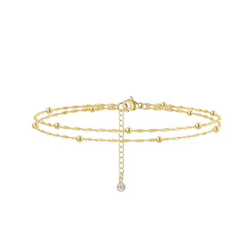 Image of DEARMAY Gold Ankle Bracelets for Women Waterproof, Non Tarnish 14K Gold Plated Beaded Link Chain Anklets, Layered Summer Beach Jewelry Gifts, Dainty Bikini Outfits for Vacation