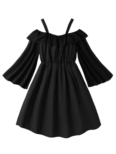 Girls' Summer Dress Cold Shoulder Ruffle Trim Flare Sleeve A Line Midi Dresses2