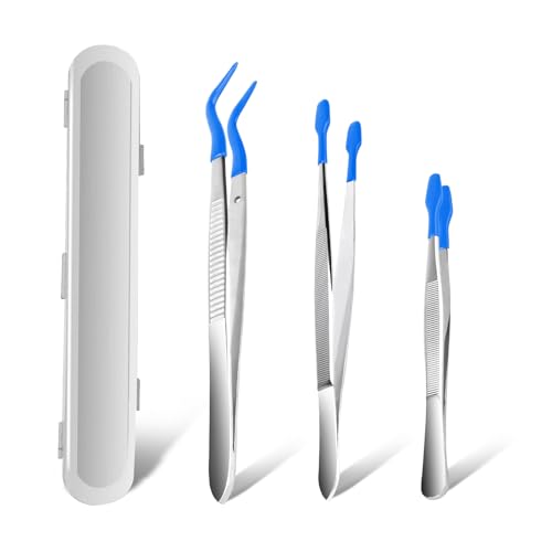AngleKai 3PCS Tip Tweezers Silicone Rubber Flat Tipped Tweezers Bent Tip for Jewelry Coin Stamp (Blue)