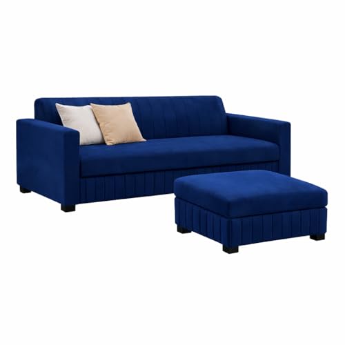 Image of FURNY Gracina 4 Seater L Shape Sofa Set with Movable Ottoman | Flexible Left or Right Layout | Plush Velvet Fabric (Dark Blue) | Perfect for Living Room, Guest Room & Office