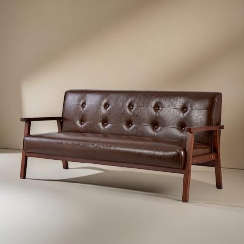 PEFEK ソファー 3人掛け ソファ 3人掛けソファー 3人掛けソファ カウチソファー 肘付き 幅161cm 無垢材 天然木 木枠 北欧風 お洒落 PUレザー (茶色 ブラウン)