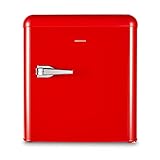 MEDION Mini Kühlschrank (Retro Design, 42L Nutzinhalt, 1 Glaseinlegeboden, manuelle Temperaturkontrolle, höhenverstellbare Füße, MD37171) rot