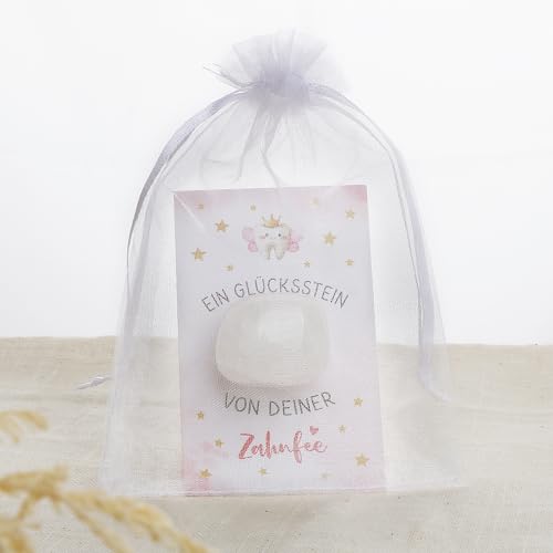 BOFUNX Zahnfee Geschenk, Glücksstein + Zahnfee Karte + Organzasäckchen, Mädchen Zahnfee Geschenk Andenken