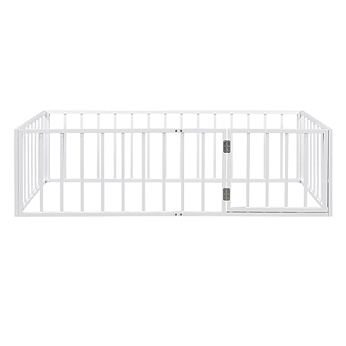 Image of Twin Size Floor Bed for Kids, Montessori Beds with Rails and Door, Metal Playhouse Bed Frame with Fence for Boys Girls, White