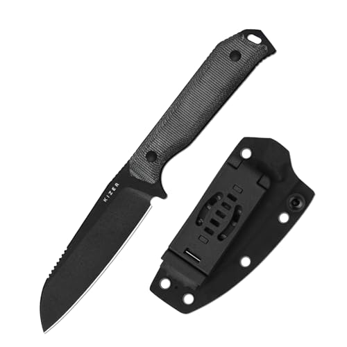 Kizer Begleiter Fix Fixed Blade Knife, 3.75" Sheepsfoot 3V Blade Hunting Knives with Kydex Sheath, Black Micarta Handle EDC Knife for Camping Hunting Survival 1045MS1