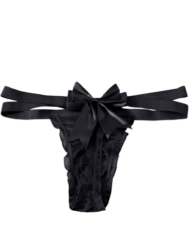 Mens Satin Bow Thong Lingerie, Criss Cross Sheer Silky Pouch, Low Rise Sissy Femboy Panties, Sexy Mesh Underwear