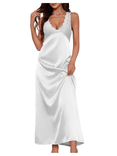 WDIRARA Women's Lace Backless Sexy Long Satin Sleepwear Deep V Neck Sleeveless Nightgown