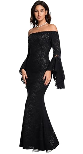 Image of HOYISHION Women's Off The Shoulder Floral Lace Maxi Dress White Bridesmaid Wedding Party Maternity Photoshoot Long Dresses