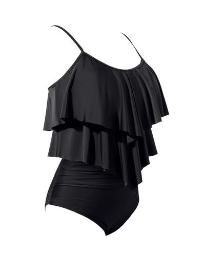 Holipick Black High Waisted Tankini Swimsuits for Women Ruffle Tops with Tummy Control Bottom Two Piece Bathing Suit L - Image 5