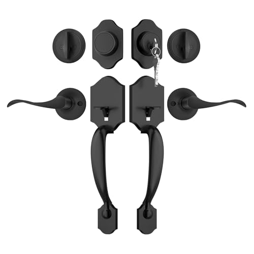 Image of Haidms Matte Black Double Door Handle with Deadbolt, Black Front Door Lock Set, Heavy Duty Double Lock Door Handleset with Dummy, Double Front Door Hardware Set with Reversible Handle Lever