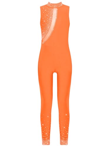 inlzdz Body da Ginnastica Pattinaggio Artistico Bambina Tuta Intera Senza Manica Strass Leotards Body Danza Classica Bodysuit da Ballo Competizione Performance Arancione 11-12 anni