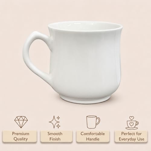 Image of Femora Elegant White Ceramic Tea & Coffee Mug Set of 6, 180 ml Each, Curved Shape, Coffee Cups for Home & Office Microwave & Dishwasher Safe BPA Free
