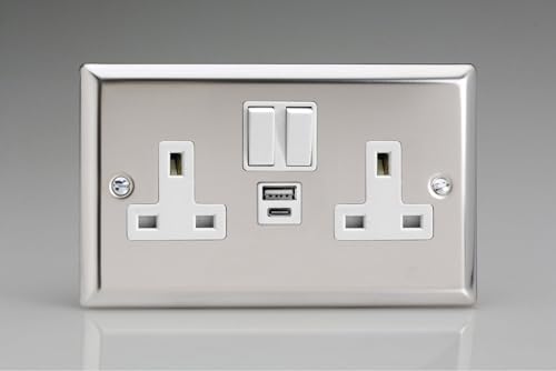 Varilight Classic Mirror Chrome 2-Gang 13A Single Pole Switched Socket with 1x USB A & 1x USB C Charging Ports with White Inserts