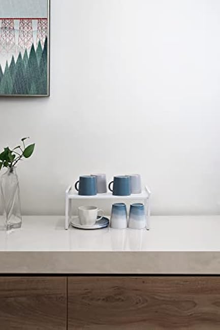 Nxconsu 2Pack Cabinet Shelves Stackable Shelf Organizer Rack Riser for Kitchen Cabinet Pantry Cupboard Counter Countertop Home Organization Storage Space Saver Heavy Duty Metal Nonslip White