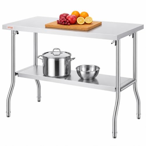 Image of VEVOR Stainless Steel Foldable Work Table, 48 * 24 Inch Heavy Duty Food Outdoor Double Layer Stainless Steel Worktable for Commercial Kitchen Restaurant