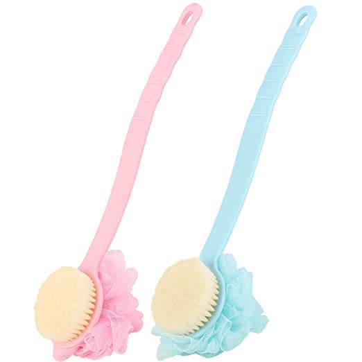 LMN STORE 2 IN 1 Bath Body Brush with Soft Loofah and Bristles,Back Scrubber with Curved Long Handled Shower Brush for Wet or Dry, Women & Men Body,Face and Spa Washing-Multicolor,Pack Of 2
