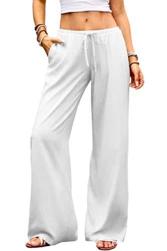 ELLEVEN Low Rise Wide Leg Linen Pants for Women Baggy Palazzo Flowy Trousers Cotton Lightweight Summer Beach Vacation Clothes White Medium