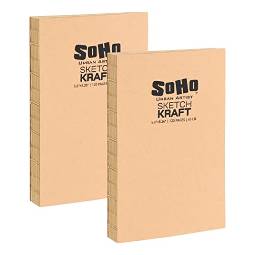 SoHo Urban Artist Open Bound Sketch Pads - Open Coptic Bound Sketch Pads for Drawing, Calligraphy, Any Dry Media, & More! - [Kraft - 5.6x8.26-2 Pack]