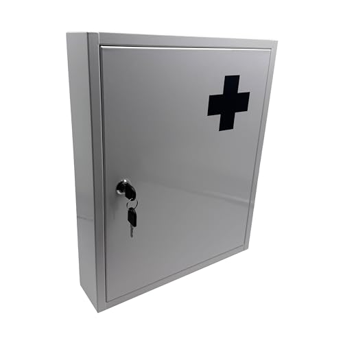 Relaxdays Medizinschrank, abschließbar, 5 Fächer, HxBxT: 43 x 35,5 x 8 cm, für Medikamente, Arzneischrank, weiß/grau