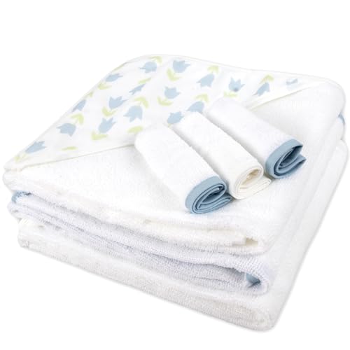 Image of Jessica Simpson Baby 6-Piece Hooded Towel & Washcloth Set - Soft Polyester Hooded Towels + Matching Washcloths - Blue & Neutral Floral Design