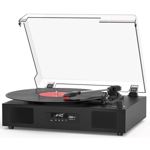 Vinyl Record Player with Built-in Stereo Speakers, Vinyl to USB Recording, Belt Drive 3 Speeds Turntables for Vinyl Records Support Bluetooth Input AUX RCA Output, Black Modern Black