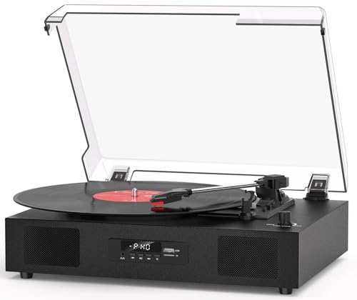 Tocadiscos Bluetooth con dos altavoces integrados, transmisión por correa de grabación USB, 3 velocidades para discos de vinilo, compatible con salida AUX RCA, pantalla LED, color negro