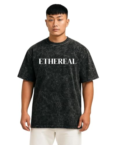 Image of VEL Heavy GSM Pure French Terry Cotton Men's Graphic Print Oversized Fit Half Sleeve Round Neck Cotton Acid Wash Print T-Shirt