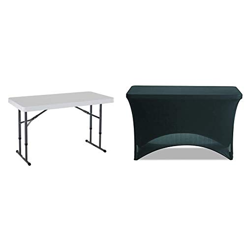 Lifetime 80160 Commercial Height Adjustable Folding Utility Table, 4 Feet, White Granite & Iceberg Igear Stretch Fabric Table Cover, Fits 4' Table, Polyester/Spandex, Black, 24" W X 48" L #TOP9