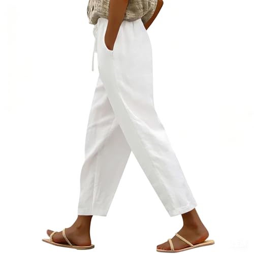 Puimentiua Cotton Linen Pants Women Casual Lightweight Elastic Drawstring Waist Summer Vacation Beach Pants with Pockets White L