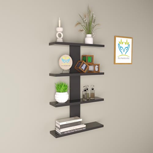 Image of Wooden Wall Mounted Floating Rack Shelves Book Stand Display Hanging Shelf Living Room Bedroom Storage Home Office for Decoration Showcase (Black)